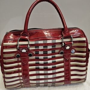 Burberry Elegant Red and Beige Plaid Patent Leather Satchel